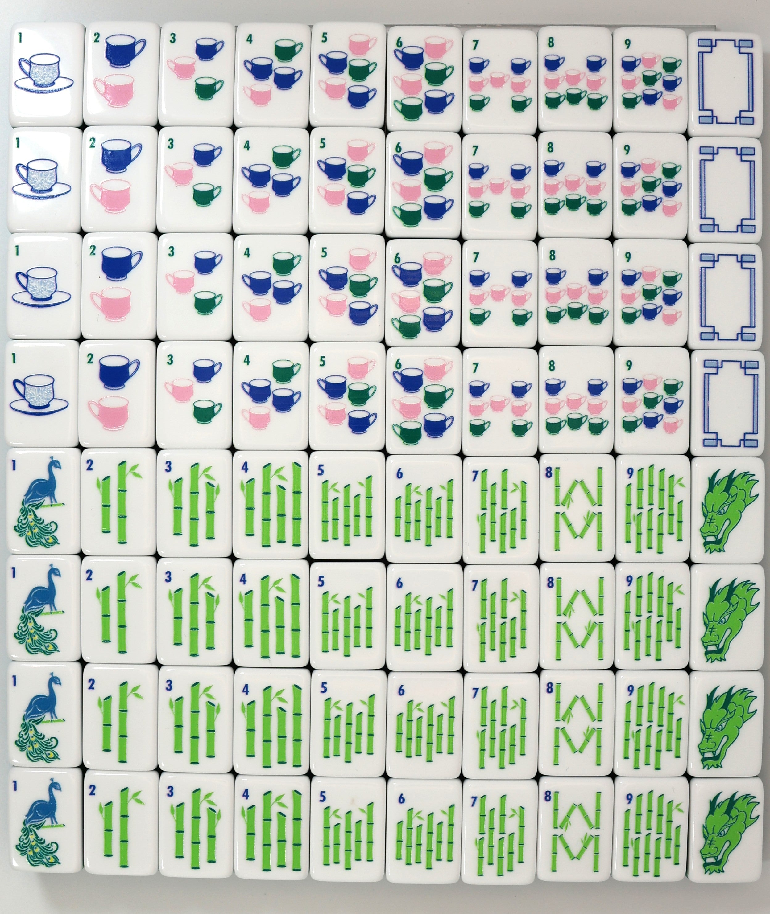 Set of tiles with various designs including cups, bamboo, and birds on a white background.