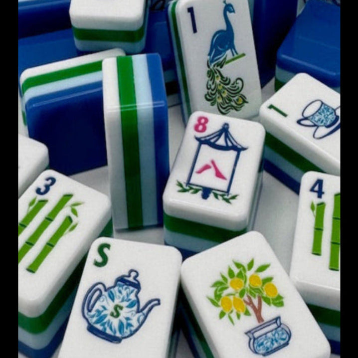mahjong tiles in blues and greens